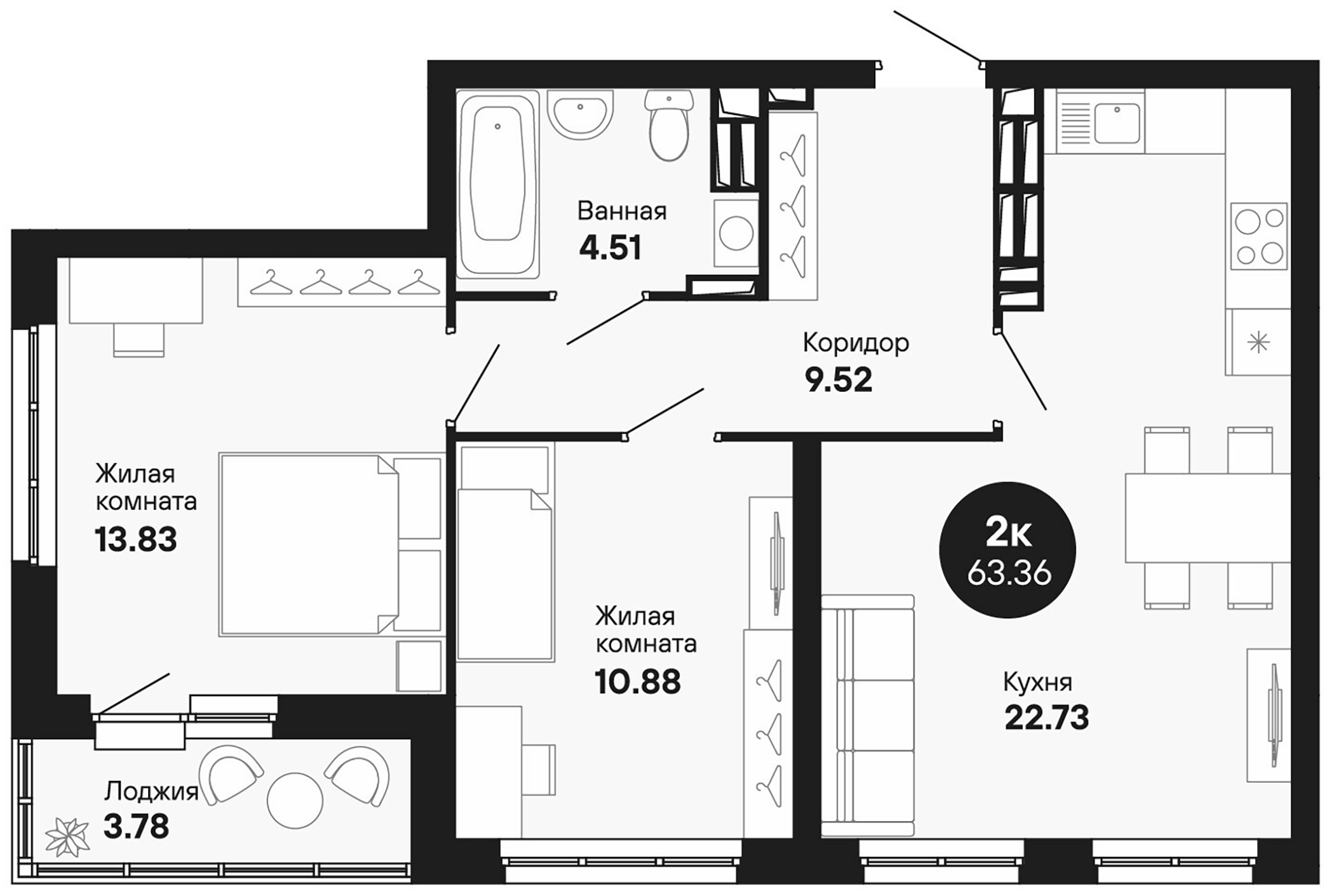 Планировка — Мохито, 2-комн., 61 м²