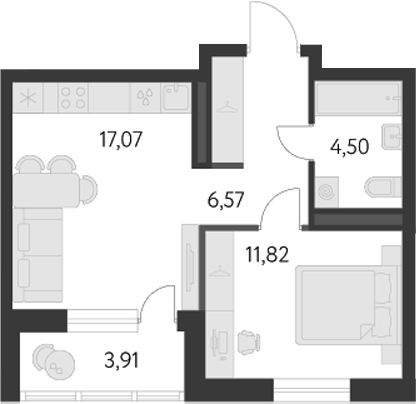 Планировка — Первый Академ, 2-комн., 39 м²
