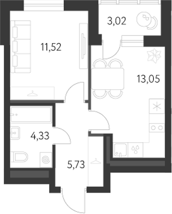 Планировка — Первый Академ, 1-комн., 34 м²