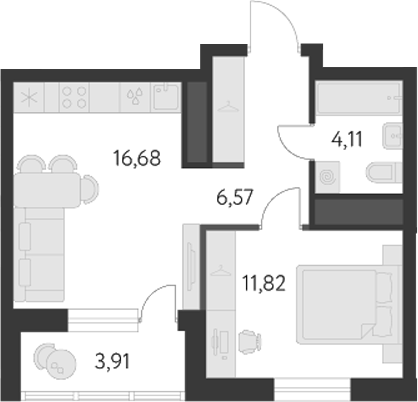 Планировка — Первый Академ, 2-комн., 39 м²