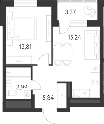 Планировка — Первый Академ, 2-комн., 38 м²