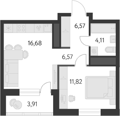 Планировка — Первый Академ, 2-комн., 37 м²