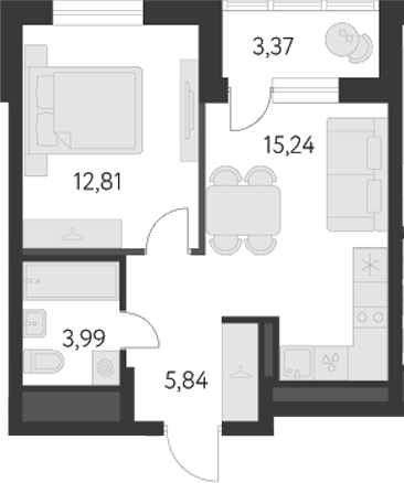 Планировка — Первый Академ, 2-комн., 38 м²