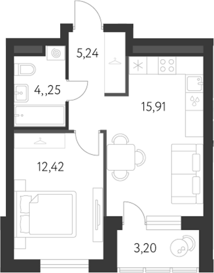 Планировка — Первый Академ, 2-комн., 38 м²