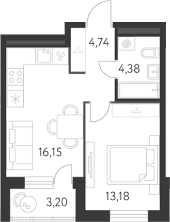 Планировка — Первый Академ, 2-комн., 38 м²