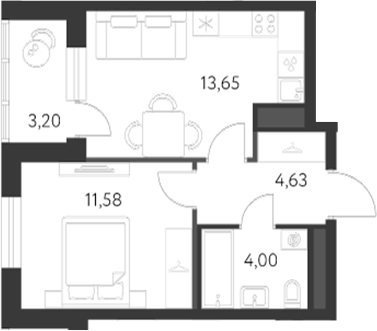 Планировка — Первый Академ, 1-комн., 34 м²