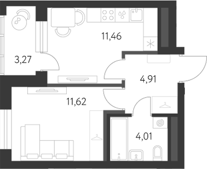 Планировка — Первый Академ, 1-комн., 32 м²