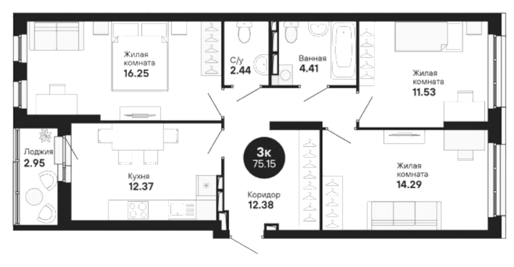 Планировка — Мохито, 3-комн., 74 м²