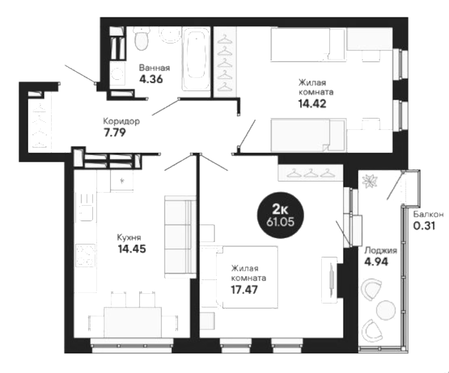 Планировка — Мохито, 2-комн., 58 м²