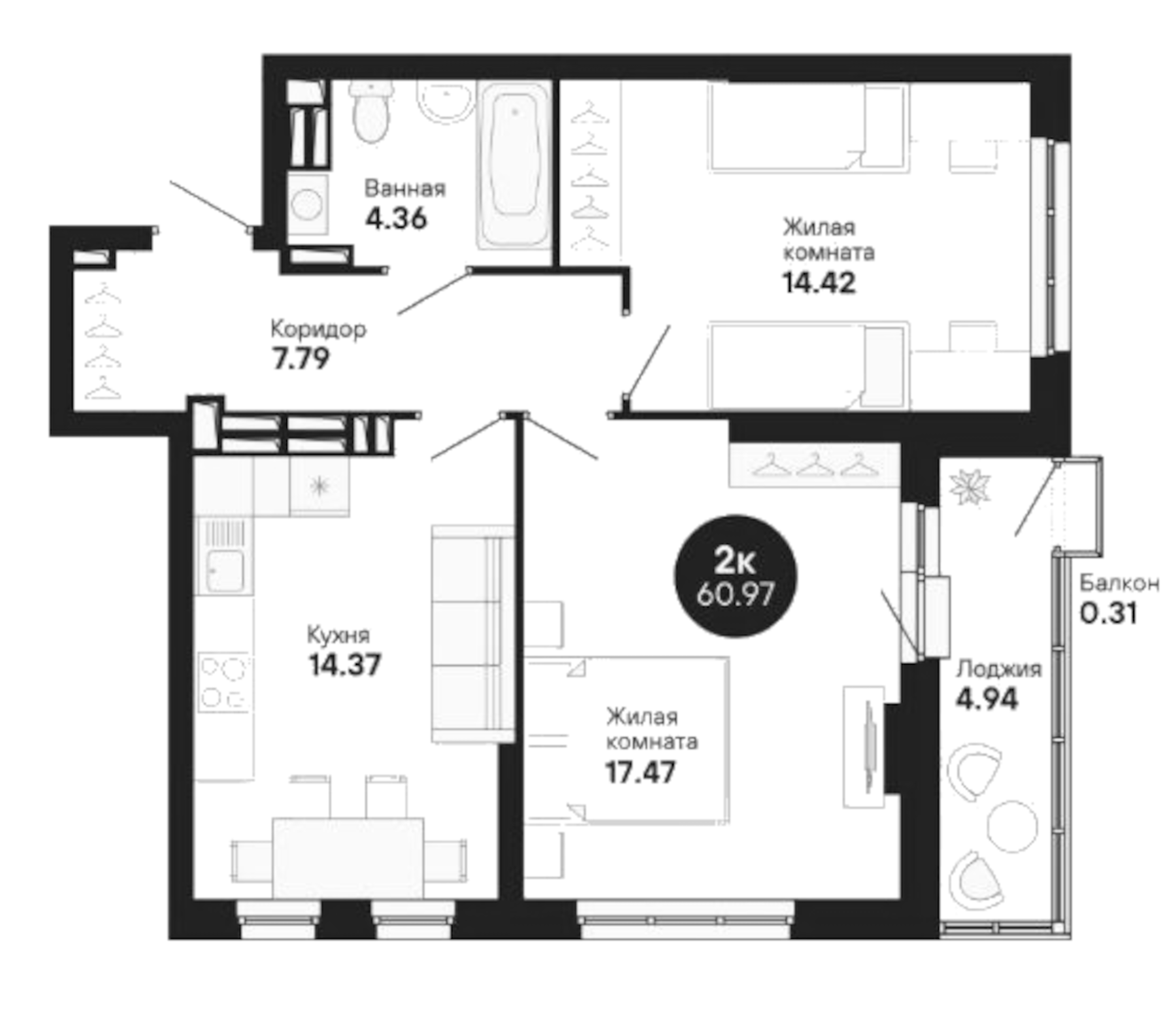 Планировка — Мохито, 2-комн., 58 м²