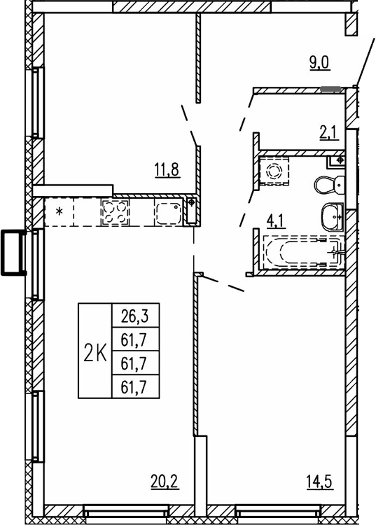 Планировка — Парковый квартал 2.0, 2-комн., 62 м²