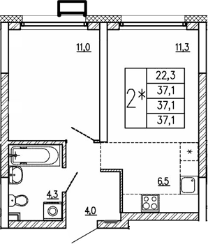 Планировка — Парковый квартал 2.0, 2-комн., 37 м²