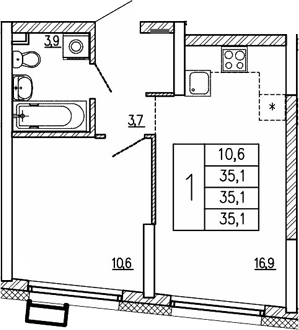 Планировка — Парковый квартал 2.0, 1-комн., 35 м²