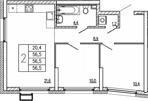 Планировка — Парковый квартал 2.0, 2-комн., 57 м²