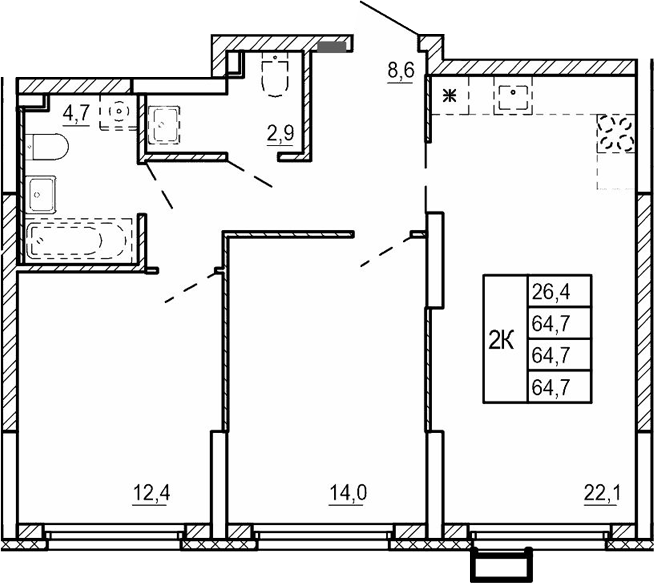Планировка — Парковый квартал 2.0, 2-комн., 65 м²