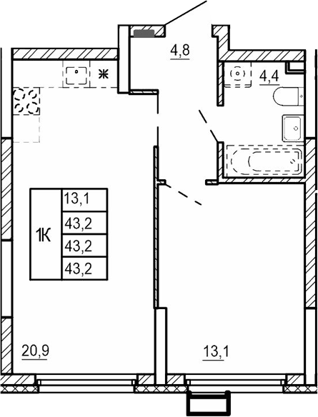 Планировка — Парковый квартал 2.0, 1-комн., 43 м²