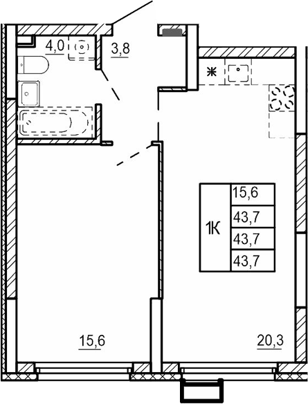 Планировка — Парковый квартал 2.0, 1-комн., 44 м²