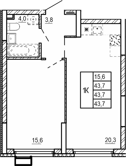 Планировка — Парковый квартал 2.0, 1-комн., 44 м²