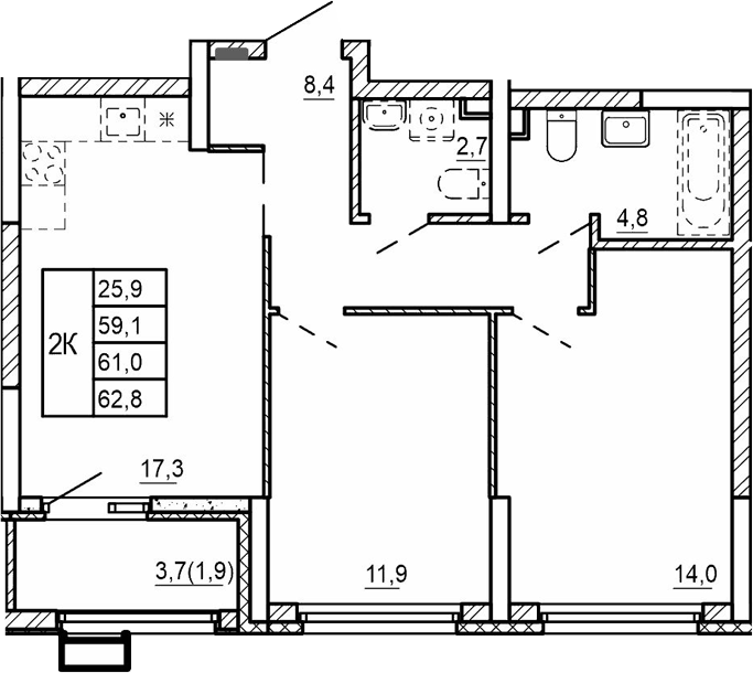 Планировка — Парковый квартал 2.0, 2-комн., 59 м²