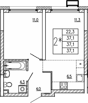 Планировка — Парковый квартал 2.0, 2-комн., 37 м²