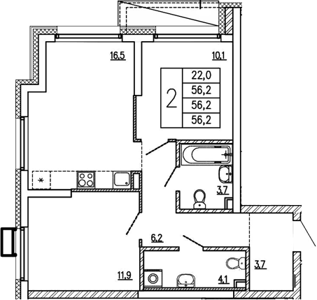 Планировка — Парковый квартал 2.0, 2-комн., 56 м²