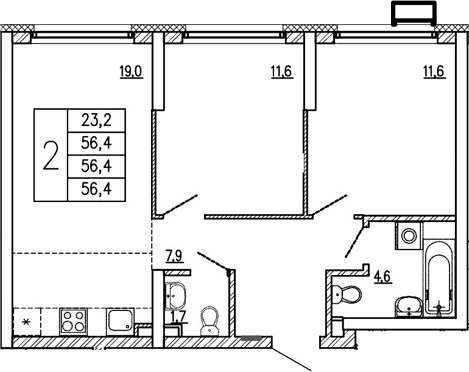 Планировка — Парковый квартал 2.0, 2-комн., 56 м²