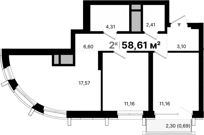 Планировка — Атлас Люксо, 2-комн., 56 м²