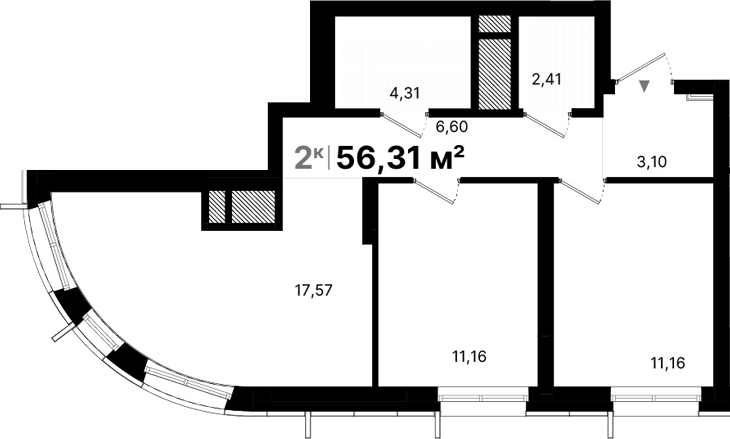 Планировка — Атлас Люксо, 2-комн., 56 м²