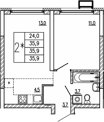 Планировка — Парковый квартал 2.0, 2-комн., 36 м²