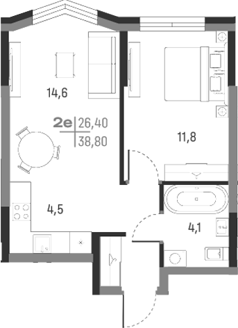 Планировка — А+, 2-комн., 39 м²