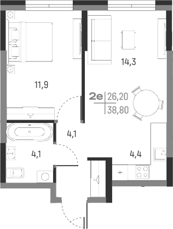 Планировка — А+, 2-комн., 39 м²