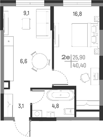 Планировка — А+, 2-комн., 40 м²