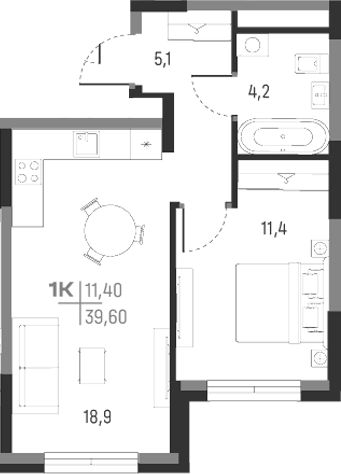 Планировка — А+, 1-комн., 40 м²
