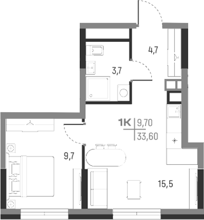 Планировка — А+, 1-комн., 34 м²