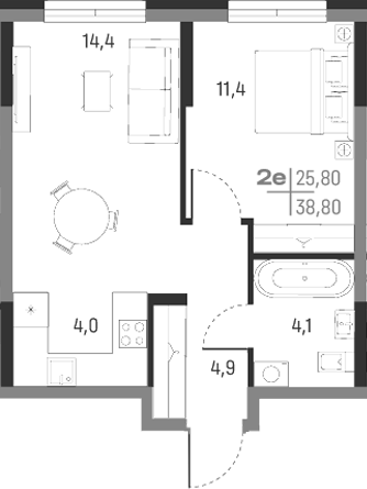Планировка — А+, 2-комн., 39 м²