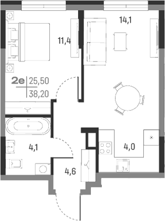 Планировка — А+, 2-комн., 38 м²