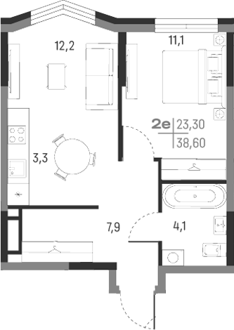 Планировка — А+, 2-комн., 39 м²