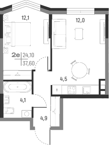 Планировка — А+, 2-комн., 38 м²