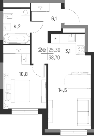 Планировка — А+, 2-комн., 39 м²