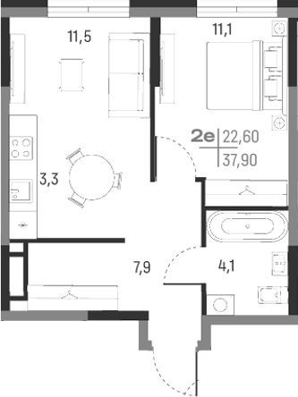 Планировка — А+, 2-комн., 38 м²