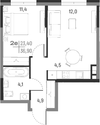 Планировка — А+, 2-комн., 37 м²
