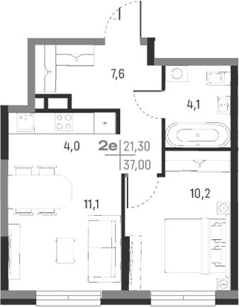 Планировка — А+, 2-комн., 37 м²