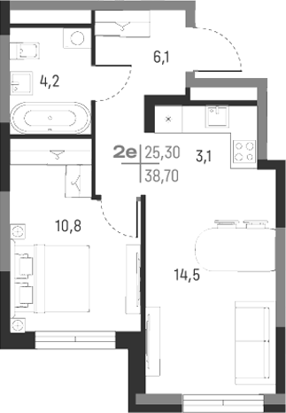 Планировка — А+, 2-комн., 39 м²