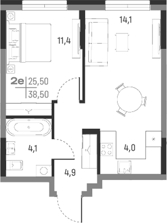 Планировка — А+, 2-комн., 39 м²