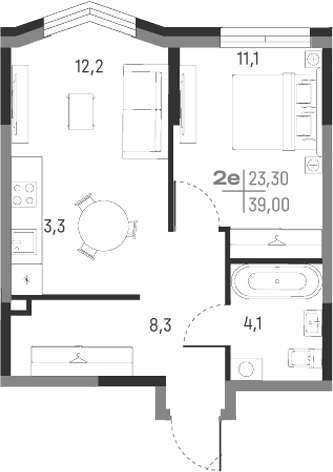 Планировка — А+, 2-комн., 39 м²