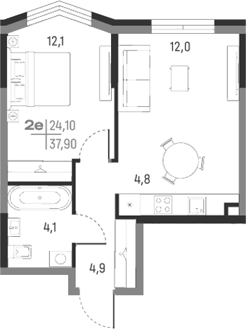 Планировка — А+, 2-комн., 38 м²