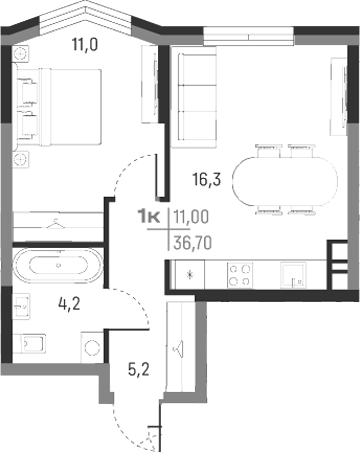 Планировка — А+, 1-комн., 37 м²