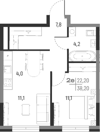 Планировка — А+, 2-комн., 38 м²