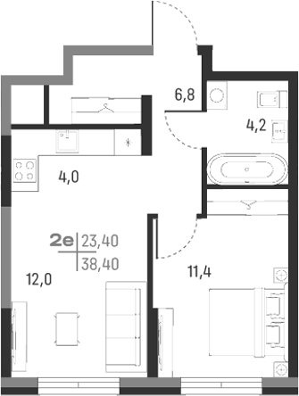 Планировка — А+, 2-комн., 38 м²