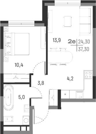 Планировка — А+, 2-комн., 37 м²